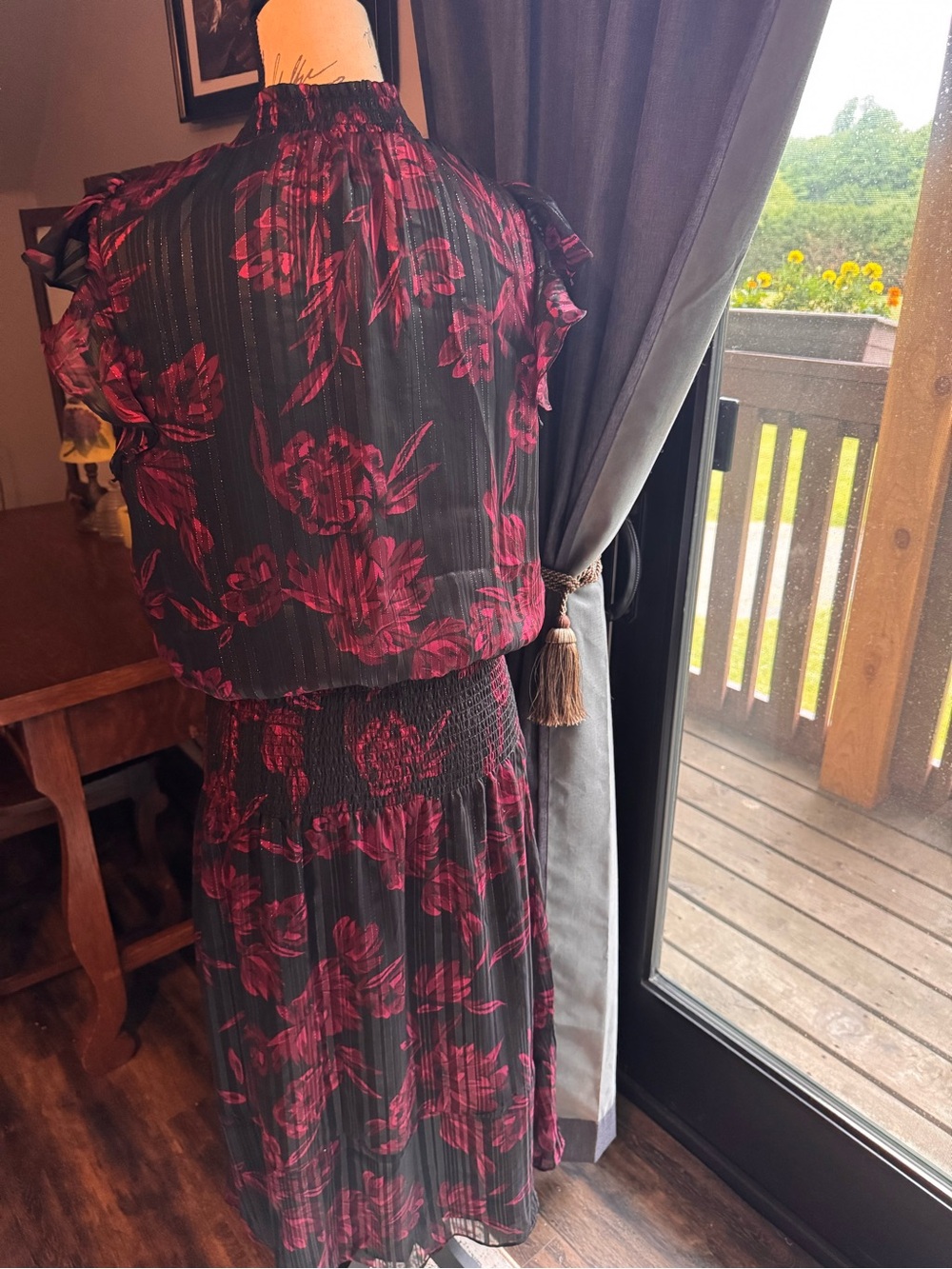 White House Black Market Black Midi Dress with Magenta Floral Print - Picture 5 of 14